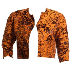 1950S Burnt Orange Silk Jacquard Hand Woven Ikat Floral Cropped Jacket