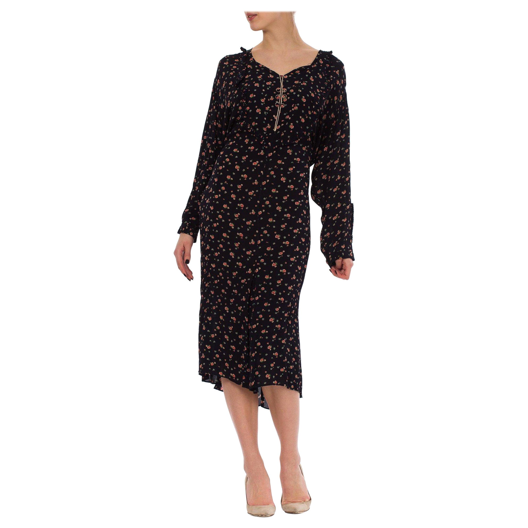 1920S Navy Blue Silk Crepe Pink Floral Printed Long Sleeve Dress Exceptionally  For Sale