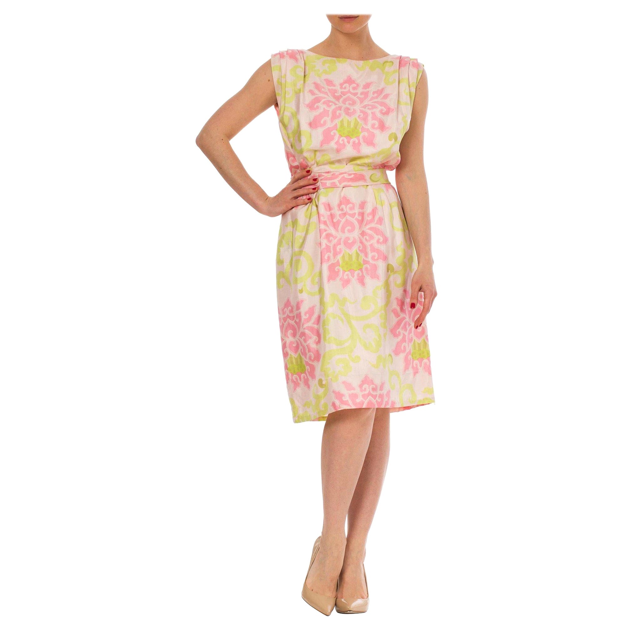 1960S Pink Hand Woven Silk Asian Lotus Floral Dress For Sale