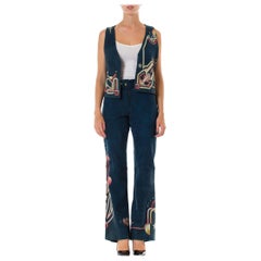 Retro 1970S Blue Hand Painted Suede Glam Rock Star Pants And Vest  Ensemble