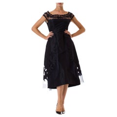 Vintage 1950S LANVIN Style Navy Blue Silk Taffeta Robe De Tulle Overlay Cocktail Dress