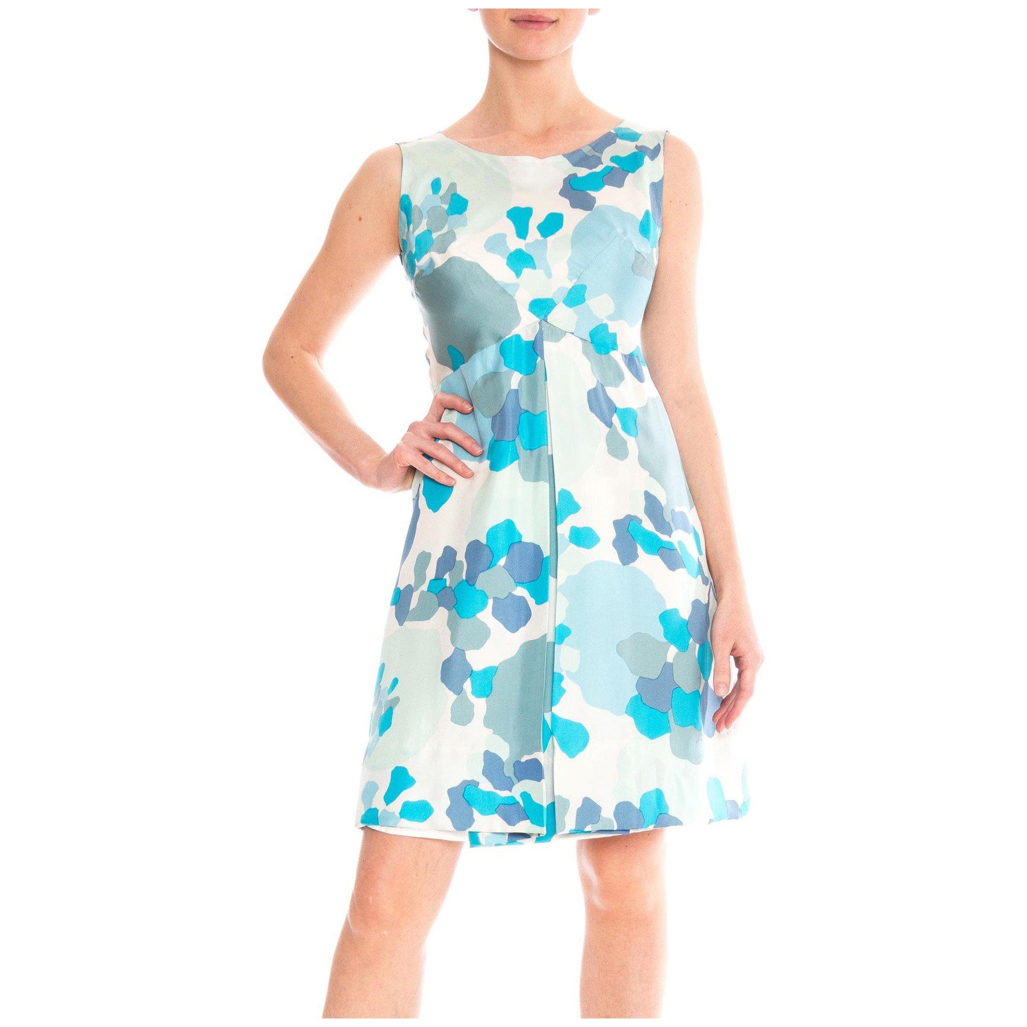 1950S Blue & White Silk Twill Abstract Printed Mod Mini Dress For Sale