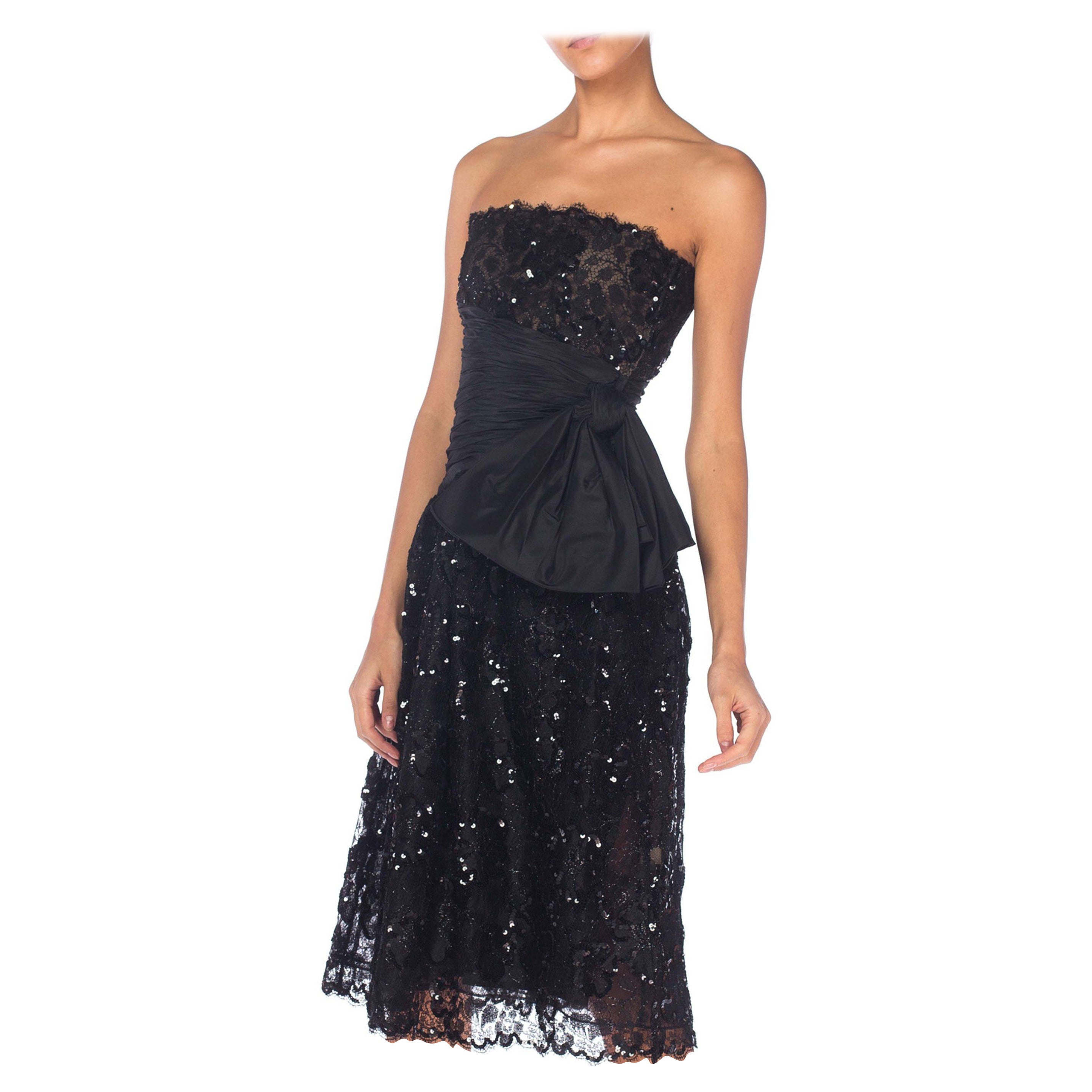 1980S ALBERT NIPON Black Beaded Rayon & Silk Lace Sequined Strapless Cocktail D For Sale