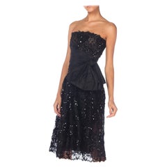1980S ALBERT NIPON Black Beaded Rayon & Silk Lace Sequined Strapless Cocktail D