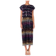 1970S Lila & Blau Pailletten Polyester stricken Regenbogen Zig Zag Top. Rock nicht verfügbar