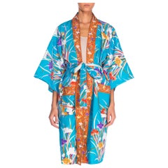 1970S Turquoise Floral Polyester Tropical Print Kimono Robe With Sash Belt & Po
