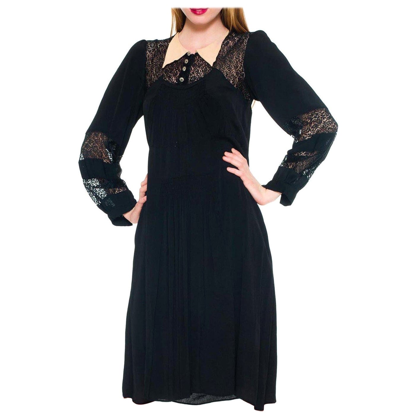 1930S Black Silk Faille & Lace Collared Dress With Sleeves Deco Glass Buttons