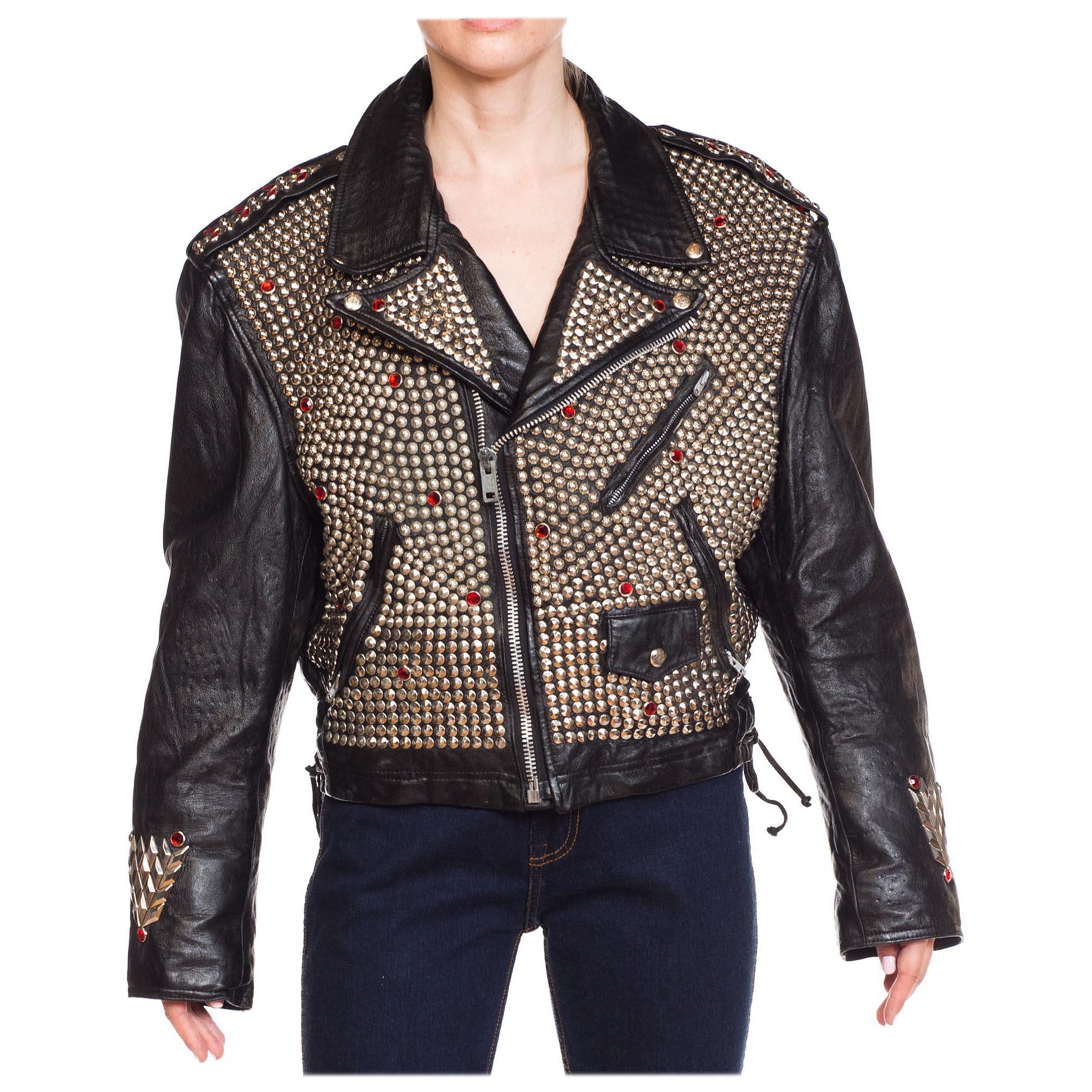 1990S JEFF HAMILTON Men's Studded Leather Biker Jacket With Crystals And Eagle For Sale