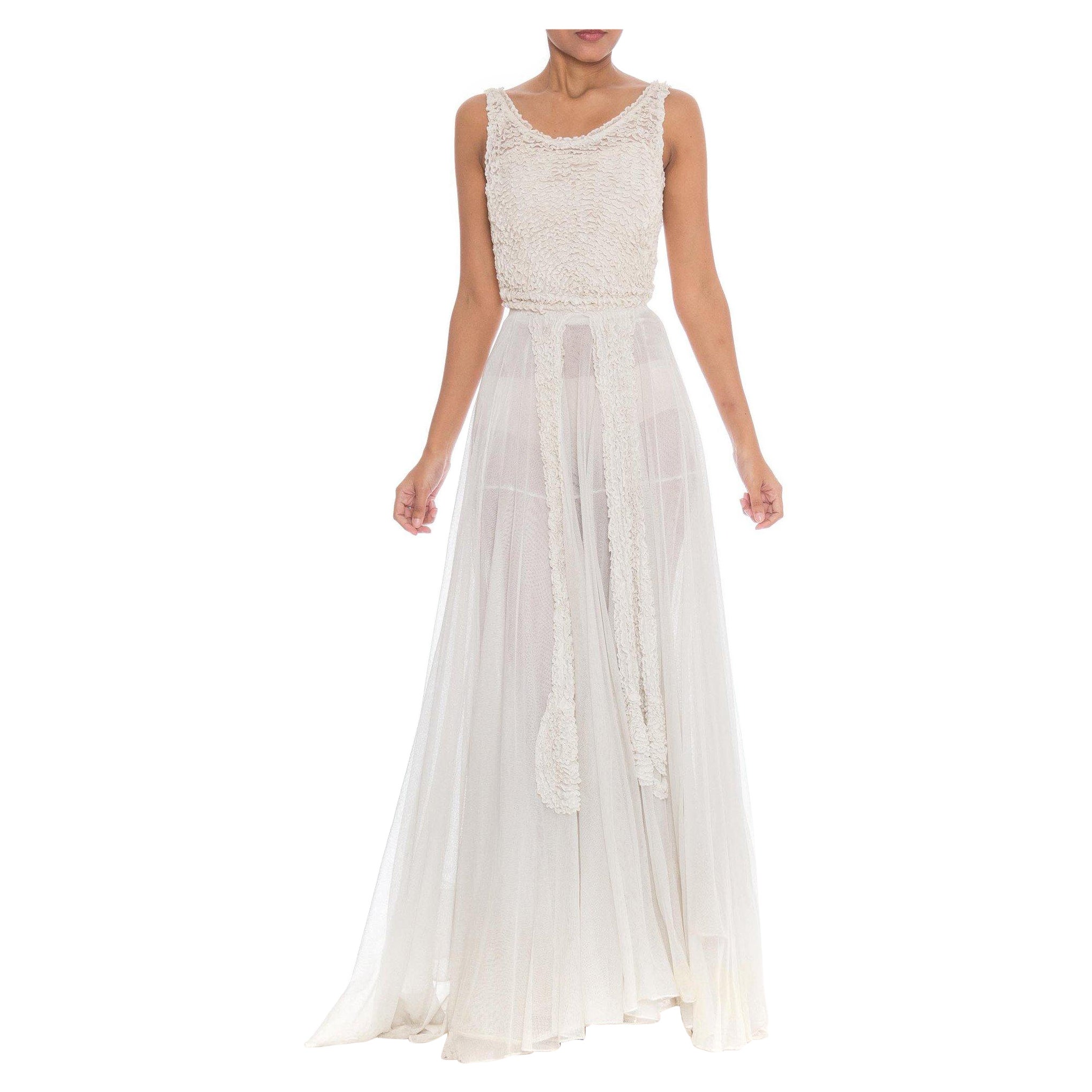 1930S Off White Rayon & Cotton Net Gown With Massive Double Layered Skirt
