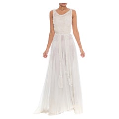 Weißes Kleid aus Viskose und Baumwollnetz aus den 1930er Jahren mit massivem, doppelt geschichtetem Rock