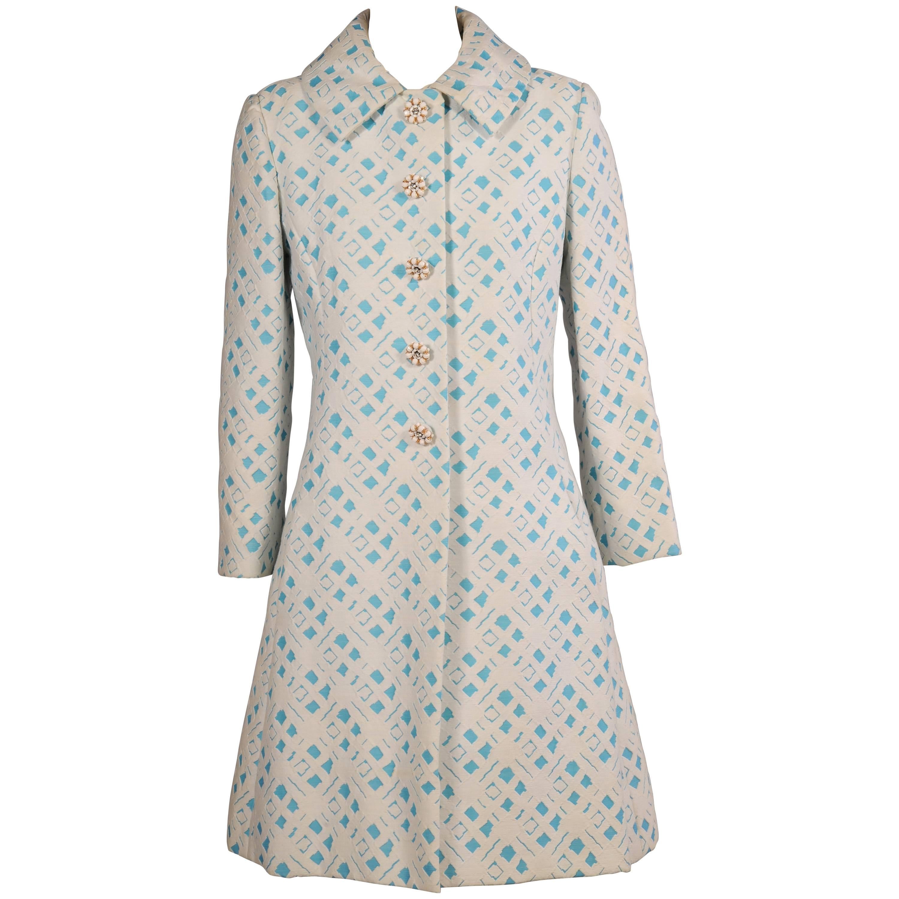 1960's Ceil Chapman Turquoise and White Matelasse Coat & Dress