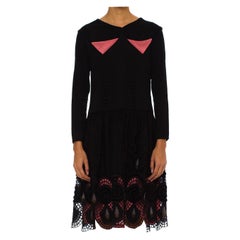 1920S Black Silk Faille Long Sleeve Dress With Velvet Deco Swirl Appliqués & Pi