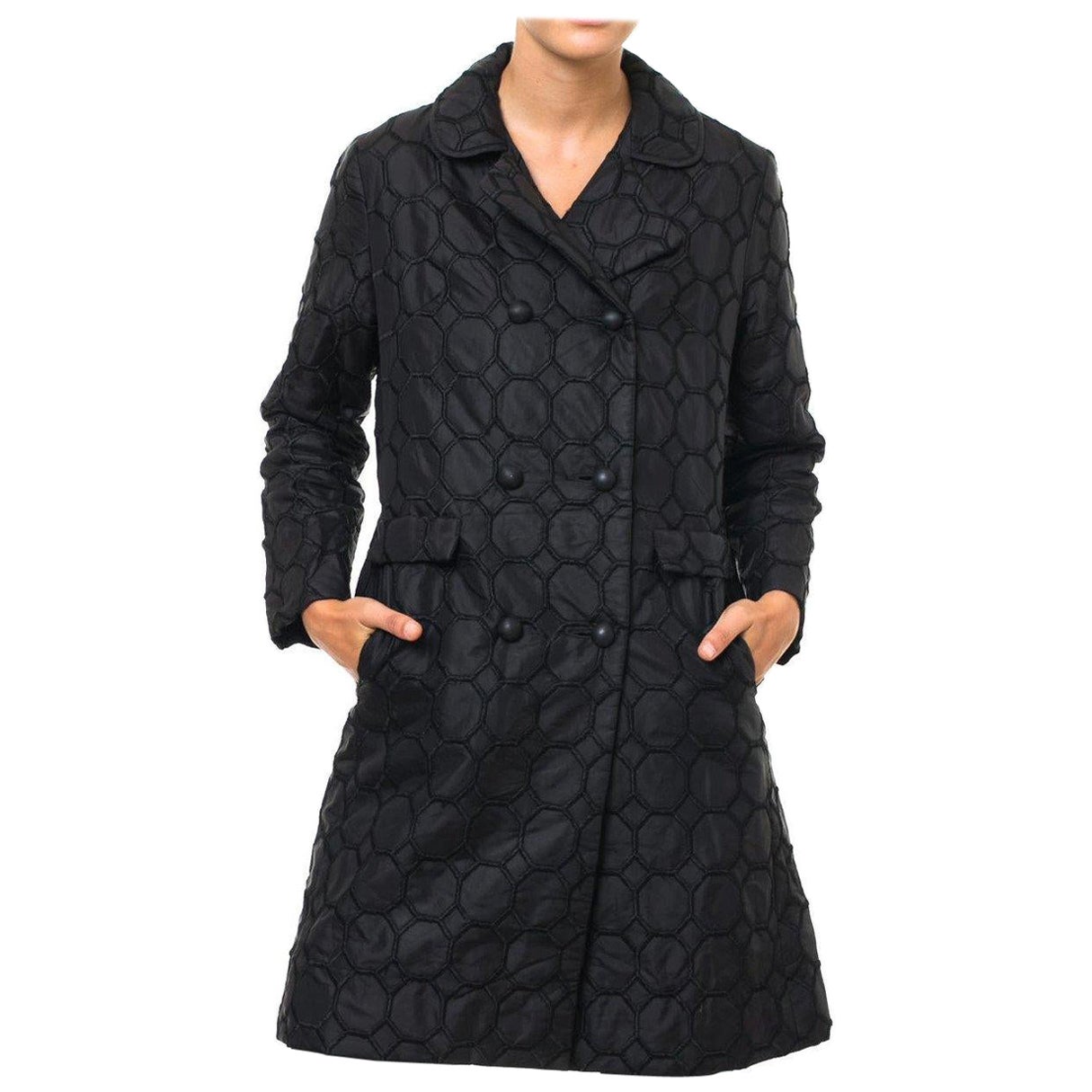 Lanson - Manteau modulaire noir brodé de motifs cubiques, années 1960 en vente