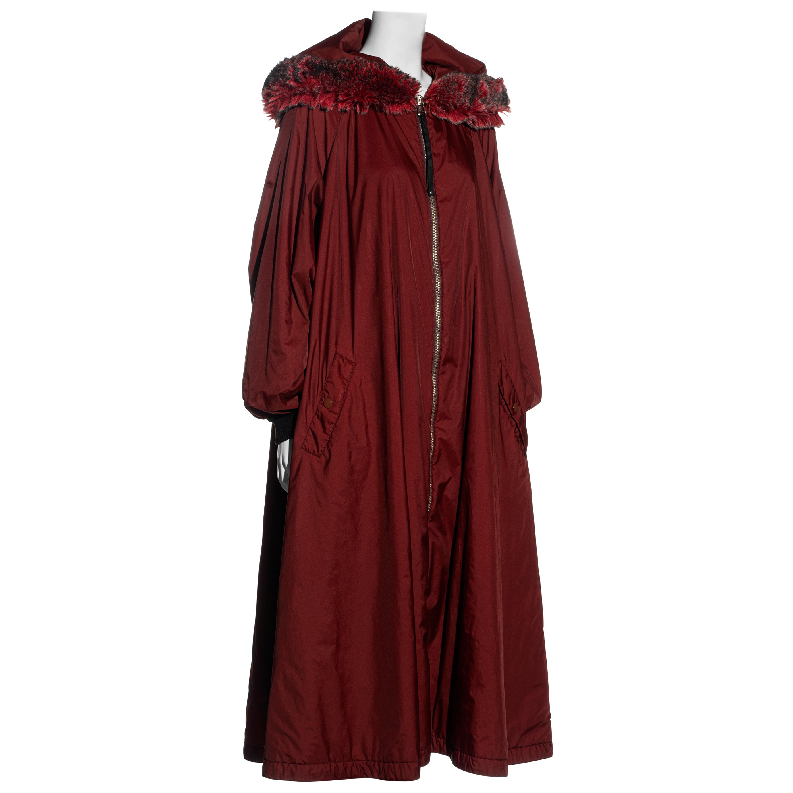 Jean Paul Gaultier burgundy nylon puffer coat with large faux fur hood, fw 1995