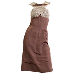 Vintage 1950S OLEG CASSINI Chocolate Brown Silk Faille Jackie-O Style Dress With Lace B