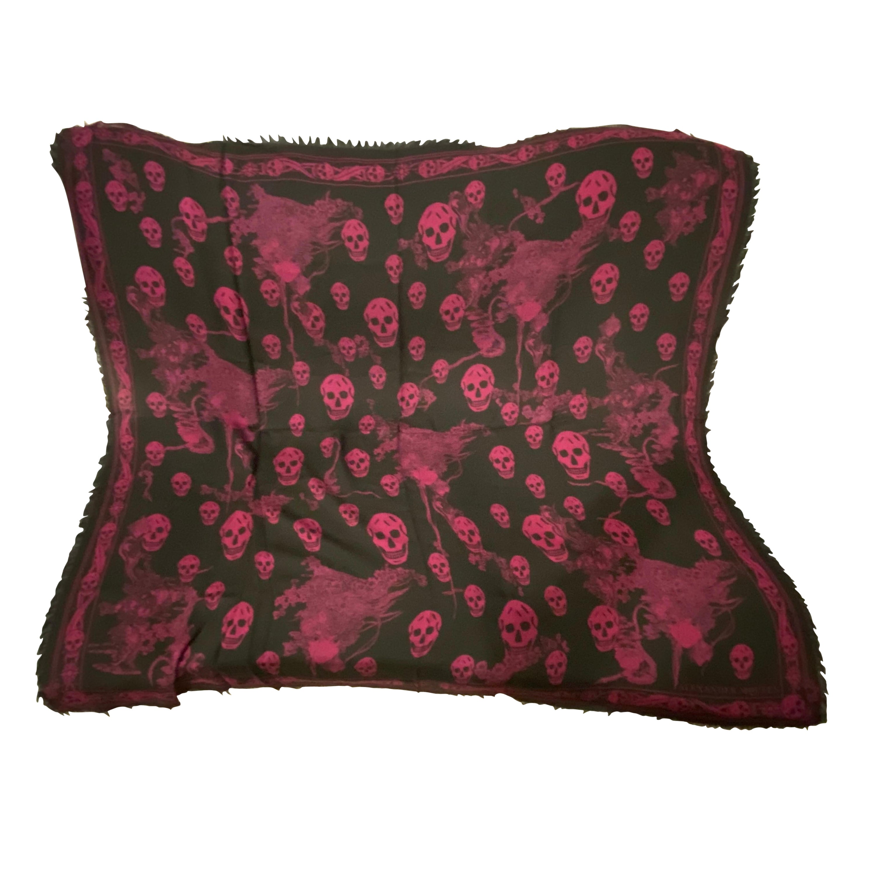 An Iconic Alexander McQueen Black and Pink Skulls  Silk Scarf For Sale