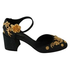 Dolce & Gabbana Black Gold Canvas Leather Ankle Strap Shoes Baroque Floral Angel