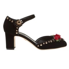 Dolce & Gabbana Black Mary-Jane Velvet Pumps Heels Shoes Rose Floral Leather