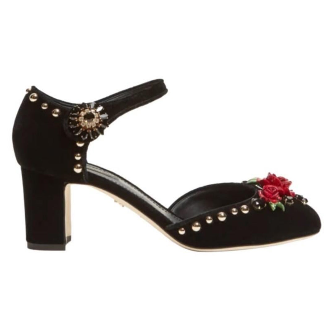 Dolce & Gabbana Black Mary-Jane Velvet Pumps Heels Shoes Rose Floral Leather For Sale