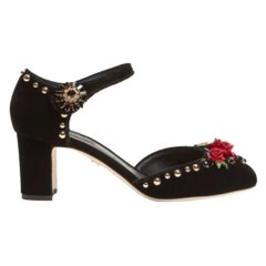 Dolce & Gabbana Black Mary-Jane Velvet Pumps Heels Shoes Rose Floral Leather