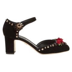 Dolce & Gabbana Schwarz Mary-Jane Samt Pumps Heels Schuhe Rose Floral Leder