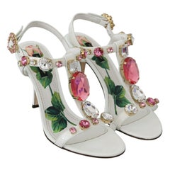 Dolce & Gabbana Weiß Multicolor Leder Heels Pumps Sandalen Schuhe Floral Rose