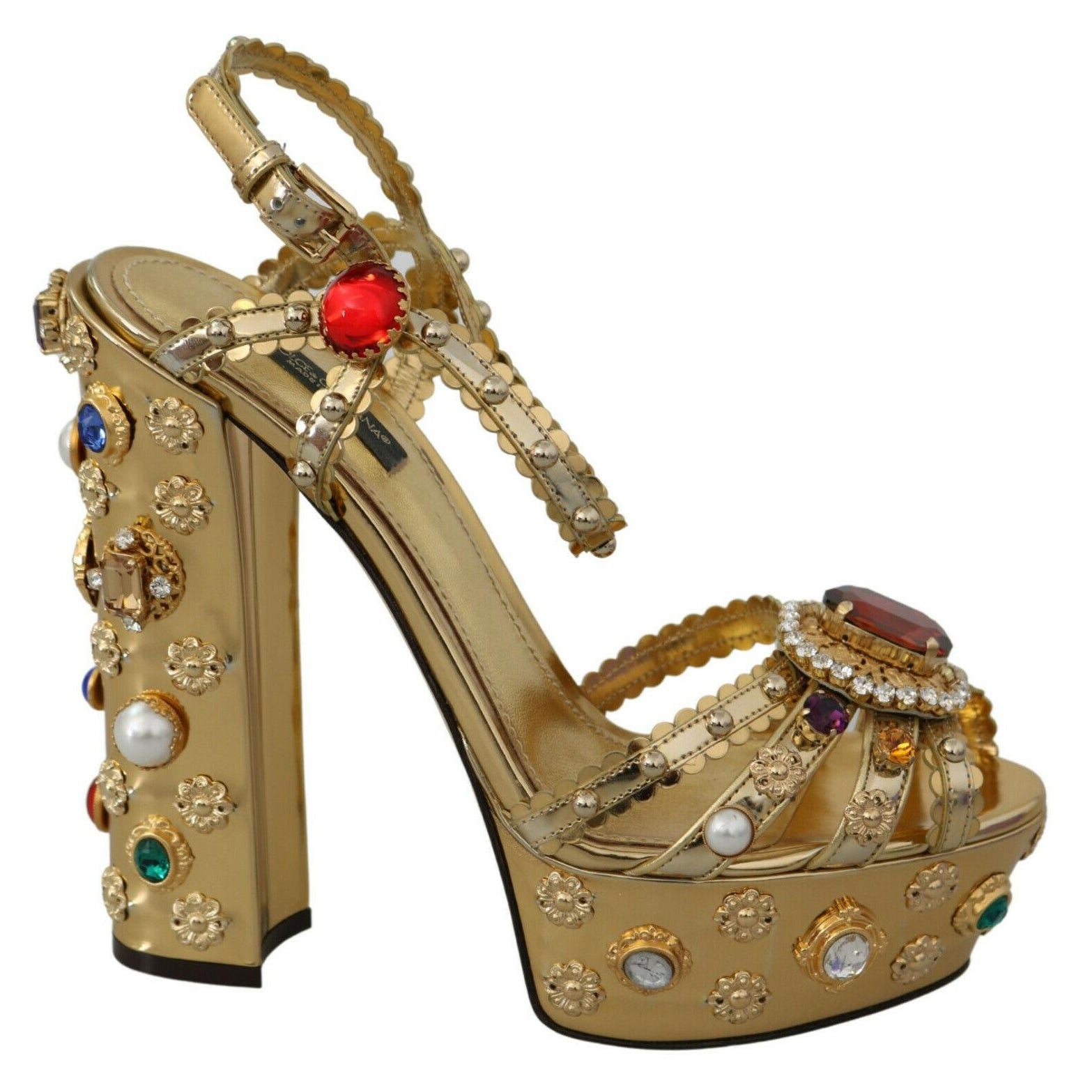 Dolce & Gabbana Gold Leather Ankle Strap Sandals Multicolor Crystal Heels Pumps