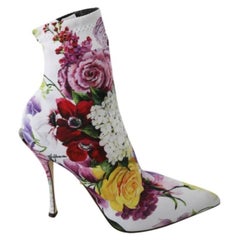 Dolce & Gabbana Weiße hochhackige Stiefel mit hohem Absatz aus Nylonleder mit mehrfarbigem Blumenmuster