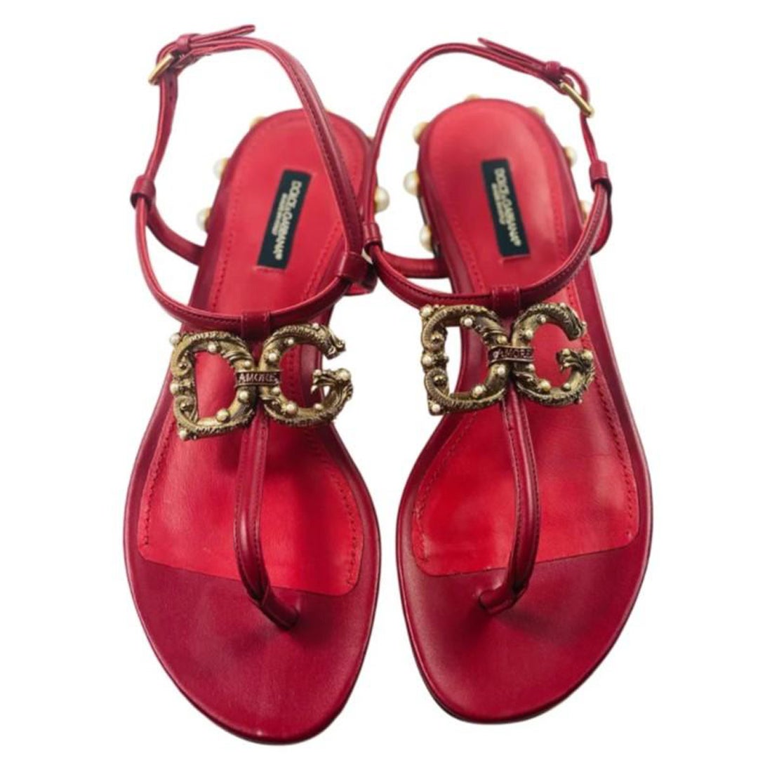 Dolce & Gabbana Red Amore Leather Sandals Shoes Flats Calfskin Gold Logo 