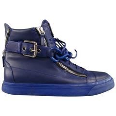 GIUSEPPE ZANOTTI Size 11 Blue Leather Silver Buckle Zip Praga Bluette Sneakers