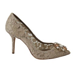 Dolce & Gabbana Beige Lace Pumps Heels Shoes Jewel Crystals Floral Leather