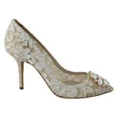 Dolce & Gabbana White Lace Pointy Pumps Heels Shoes Floral Jewel Crystals