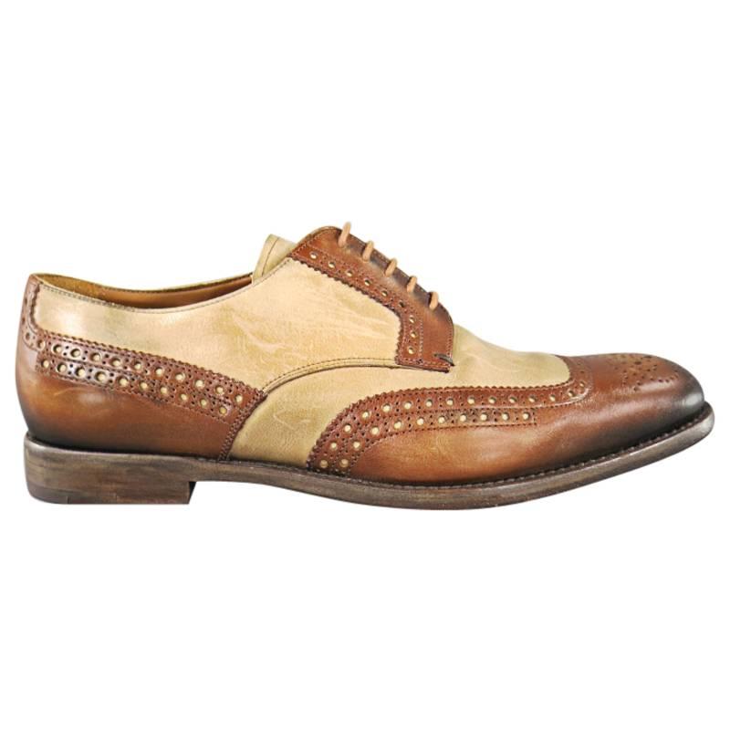 PRADA Size 8 Tan & Brown Two Tone Wing Top Brogue Leather Lace Up