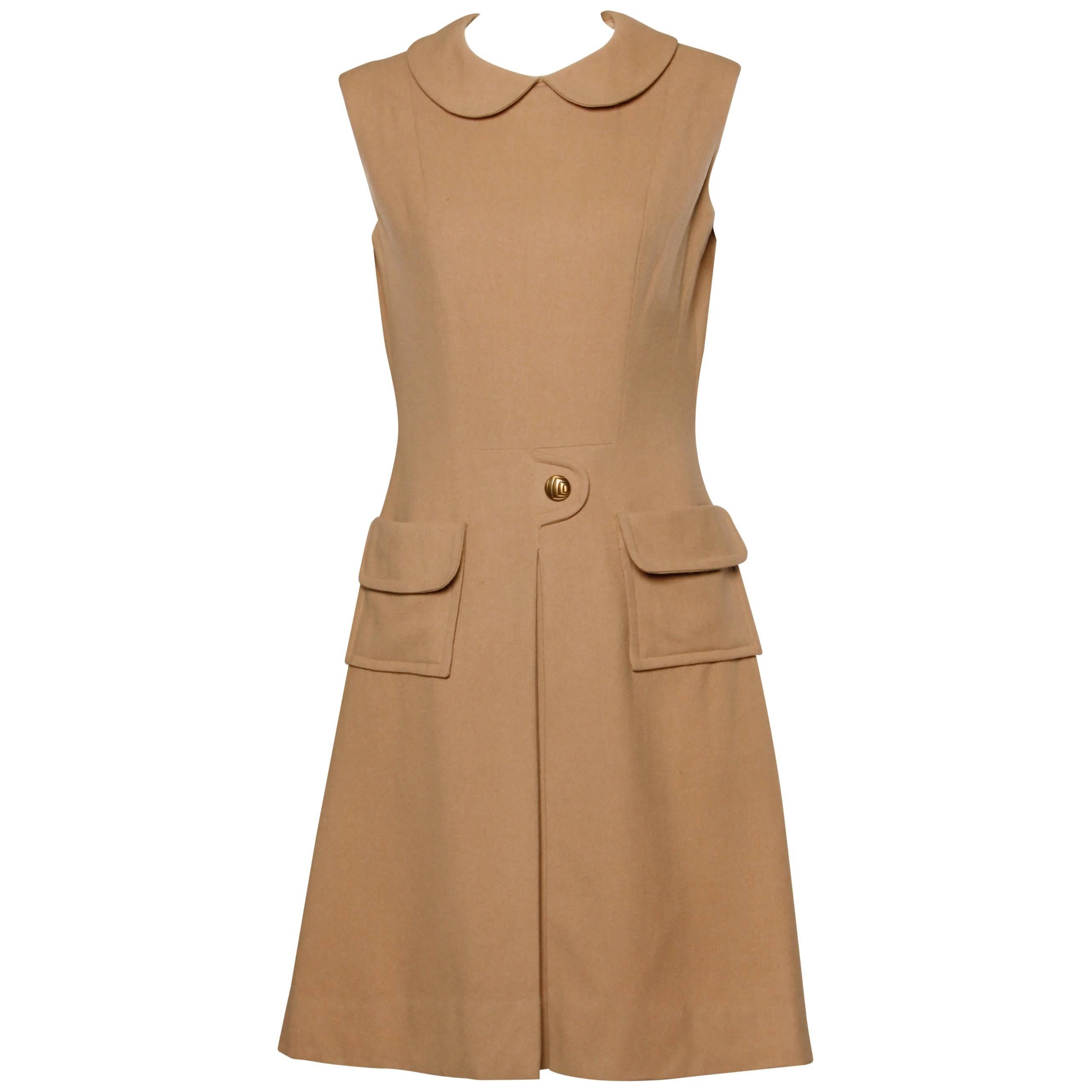 1960s Vintage Camel Wool Mod Dress with Peter Pan Collar and Kick Pleat