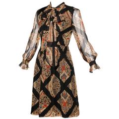 Oscar de la Renta Vintage 1960s Silk Print Dress with Ascot or Pussy Bow Tie 1