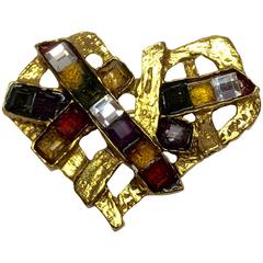 RARE 1990's Christian Lacroix Square Cut Jewelled Goldtone Heart Brooch