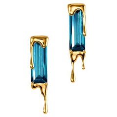 Dripping Blue Zircon Gemstone 24k Gold Vermeil Earrings