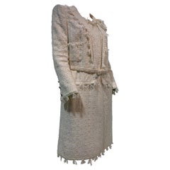 2005 Chanel Ivory Boucle Fringed Coat Dress w/ Matching Camellia