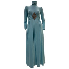 1970 Lillie Rubin Aquamarine Knit Maxi Dress w/ High Neck & Jeweled Centerpiece 