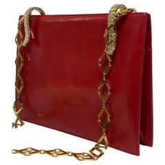 1980 Valentino Shiny Red Calfskin Convertible Clutch w/ Gold & Crystal Hardware