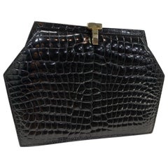 Retro 1980 Tiffany & Co. Italian Made Black Alligator Trapezoid Clutch Handbag