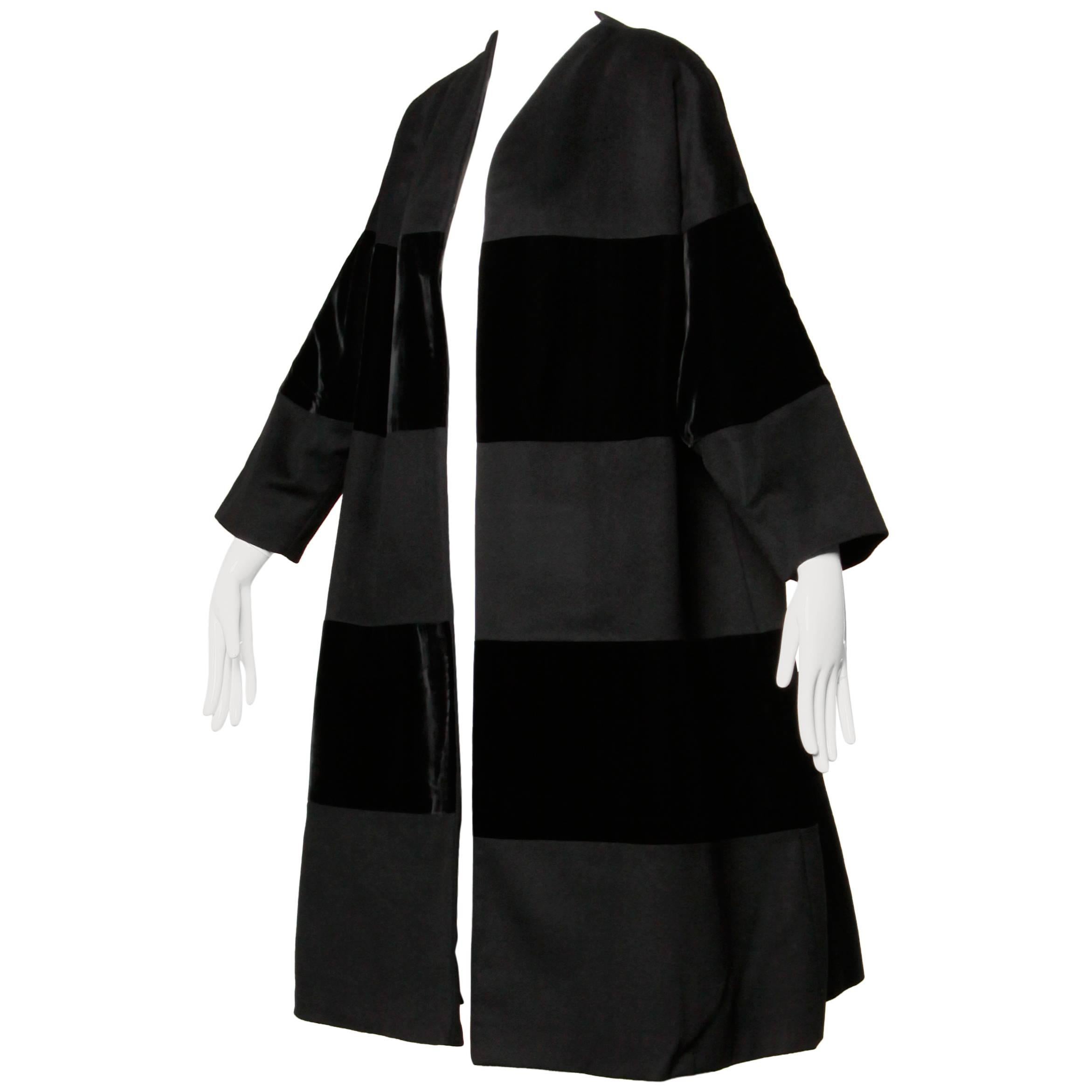 Incredible Don Loper Vintage 1960s Black Velvet + Wool Striped Swing Coat