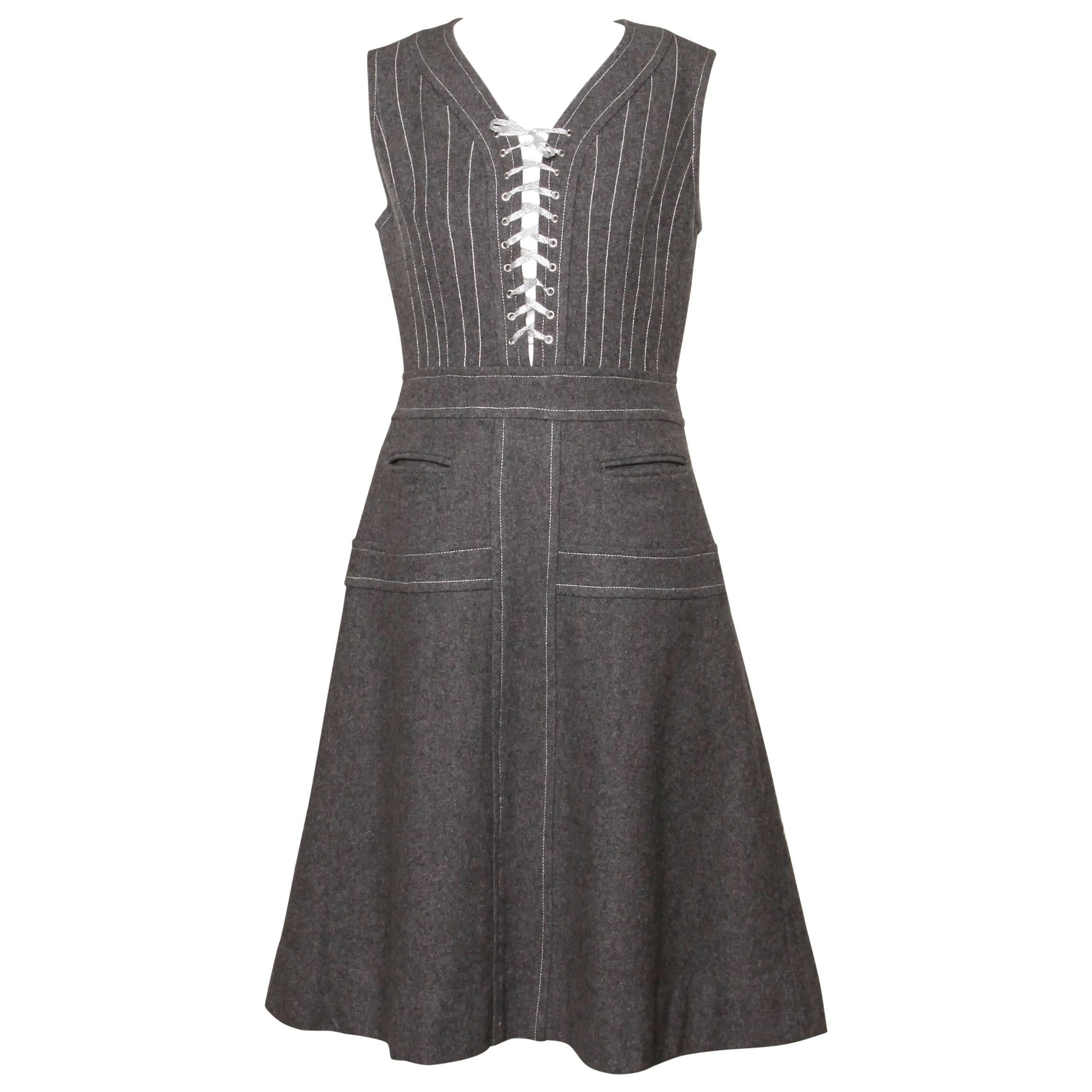 Louis Feraud 1960s Vintage Gray Wool Lace Up Mod Dress For Sale