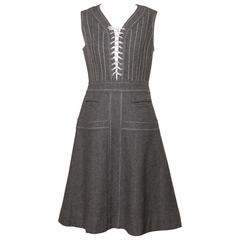 Louis Feraud 1960s Vintage Gray Wool Lace Up Mod Dress