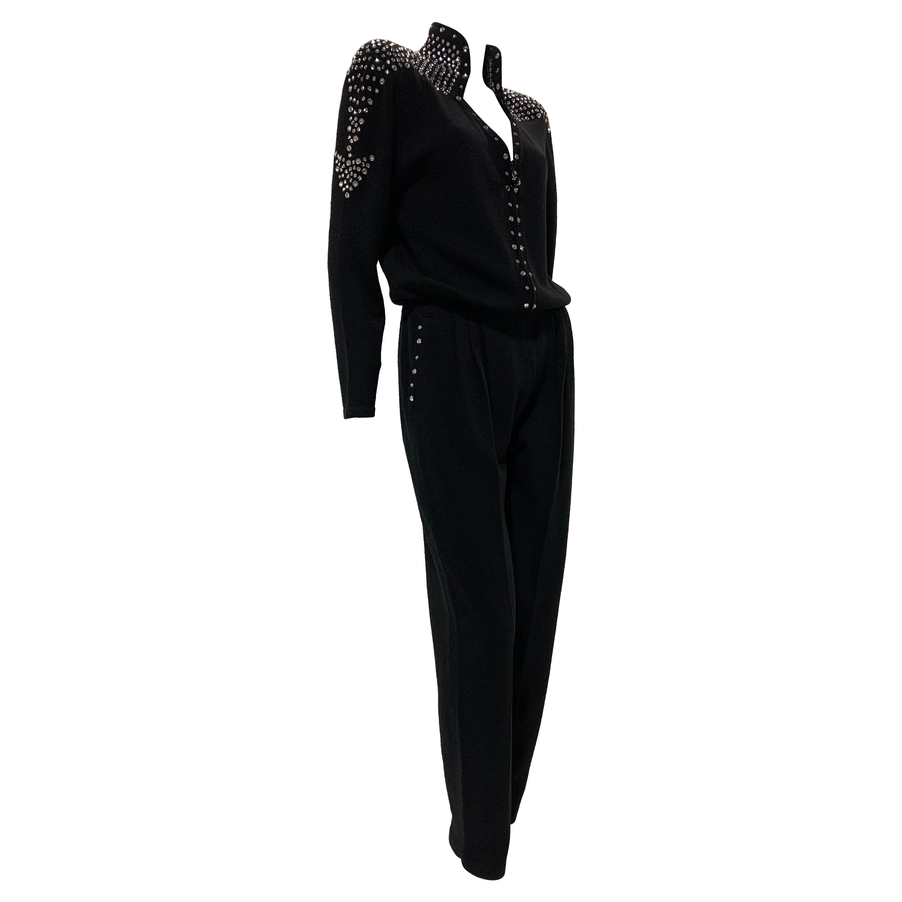 1980 Black Knit Jumpsuit w/ Structured Rhinestone Embellished Shoulder Arrows For Sale