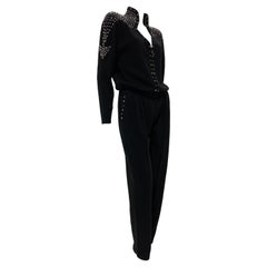 1980 Black Knit Jumpsuit w/ Structured Rhinestone Embellished Shoulder Arrows