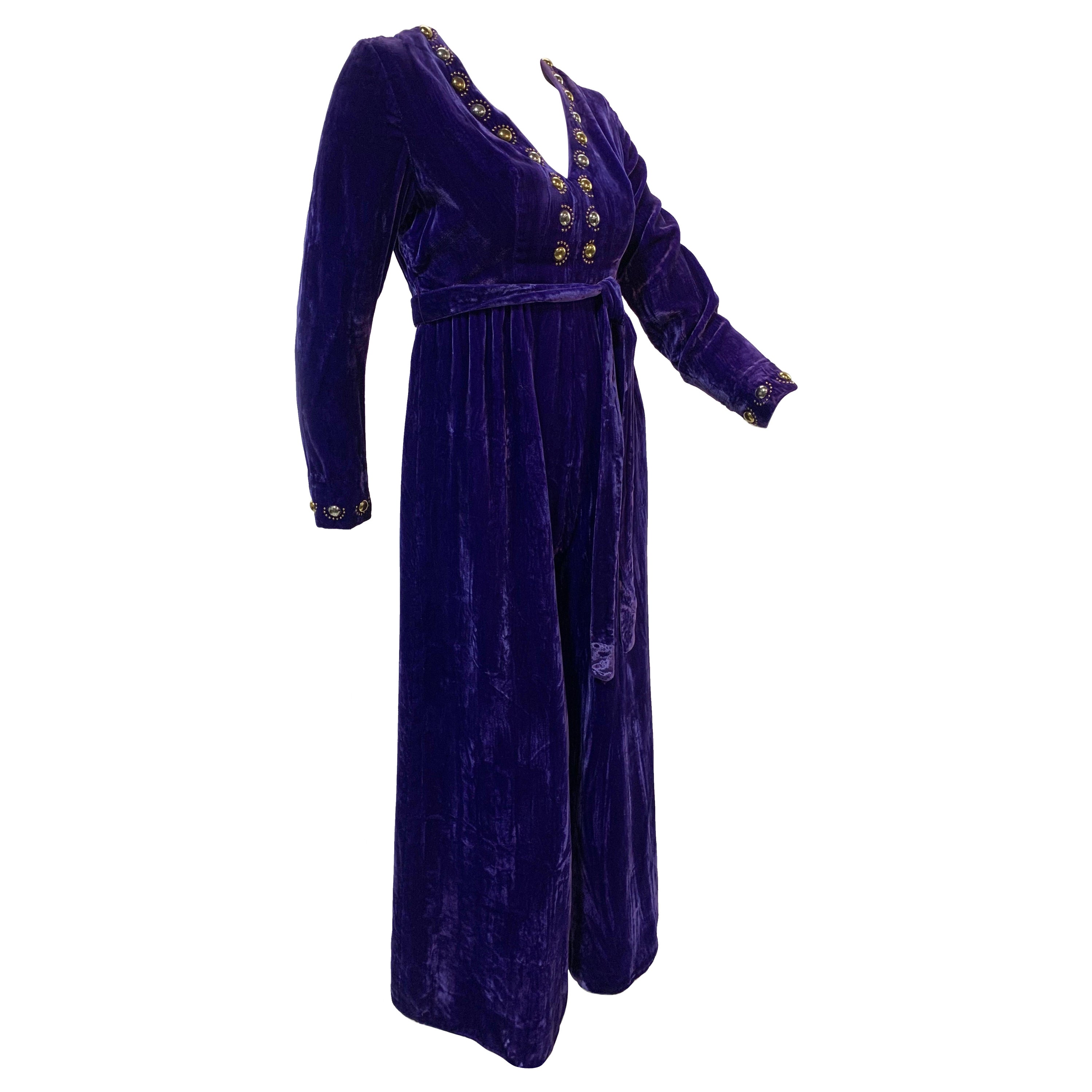 1960 Vivid Purple Velvet Jumpsuit w/ Gold & Silver Mod Metal Stud Embellishments For Sale