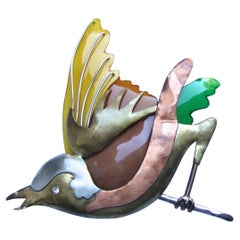 French Artisan Mixed Metal Figural Enamel Bird Brooch Designed Fabrice Paris 