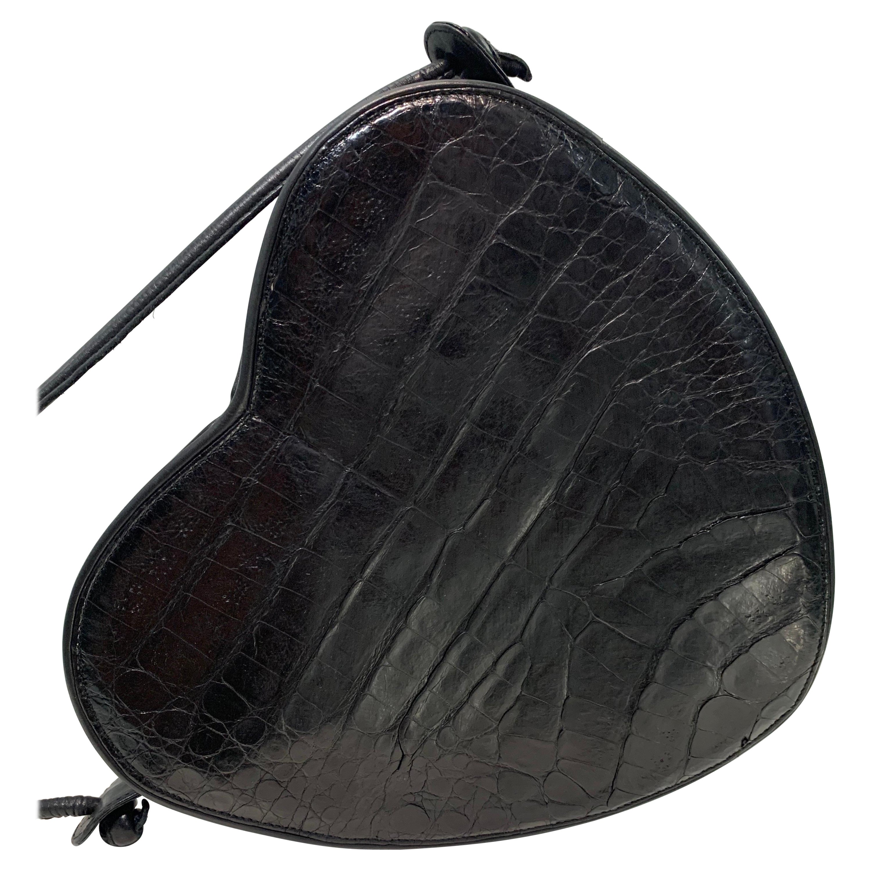 1980 I. Magnin Black Alligator Heart-Shaped Shoulder Bag w/ Leather Strap