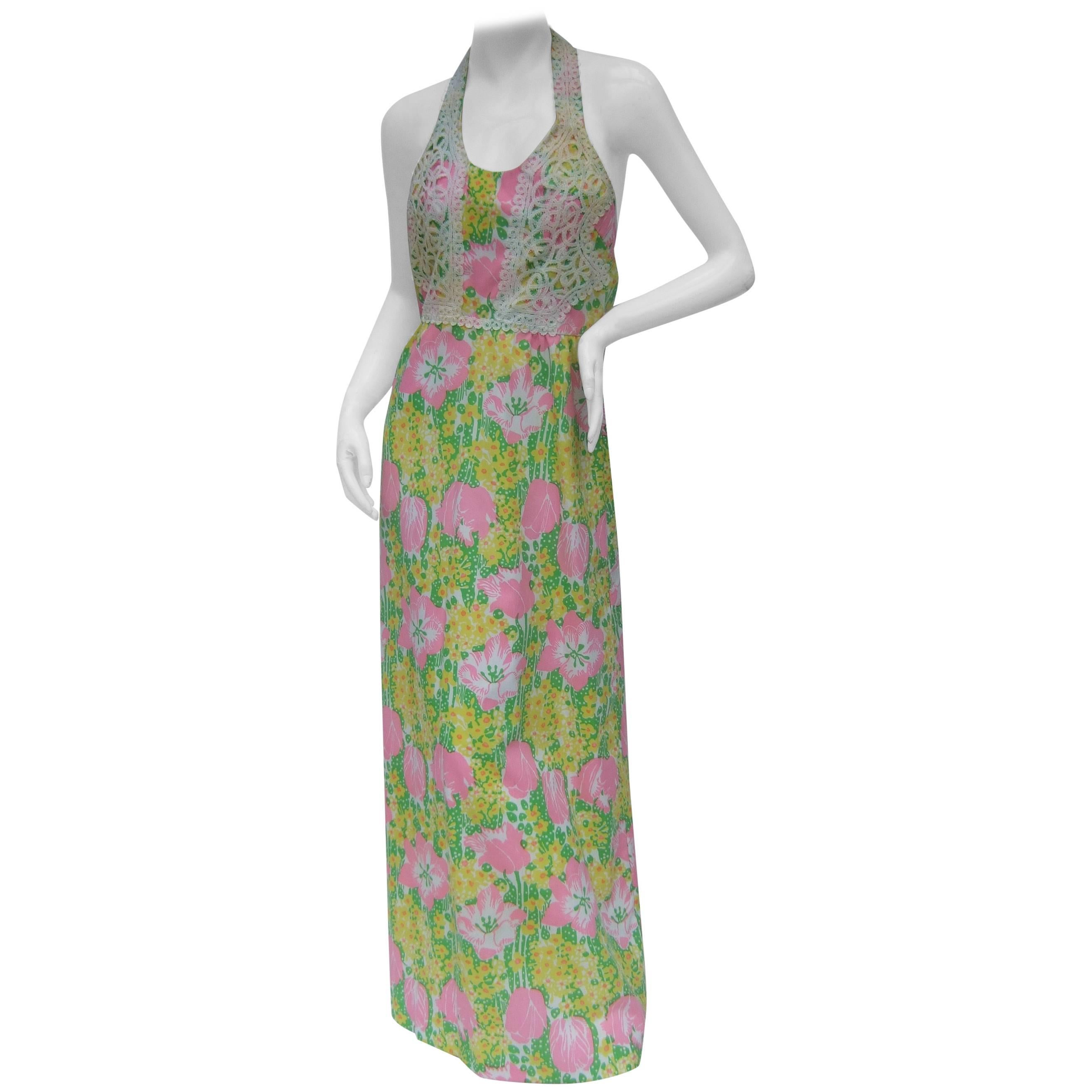 Lilly Pulitzer Vibrant Floral Print Halter Gown c 1970s